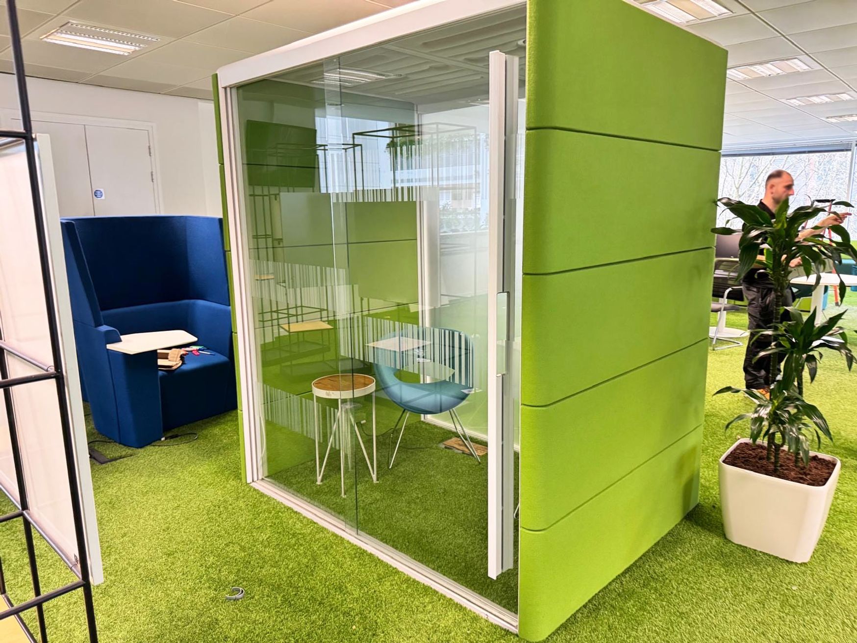 Used Orangebox Air3 acoustic pod with green upholstery