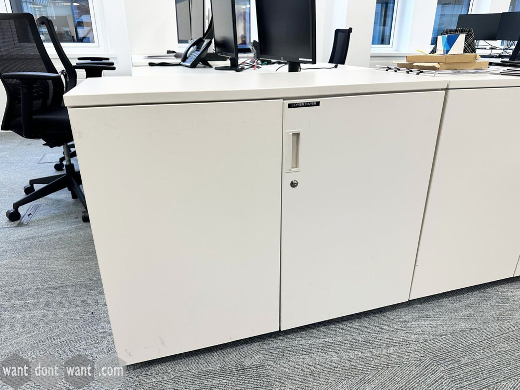 Used 1000mm white Techo desk-height storage cupboards