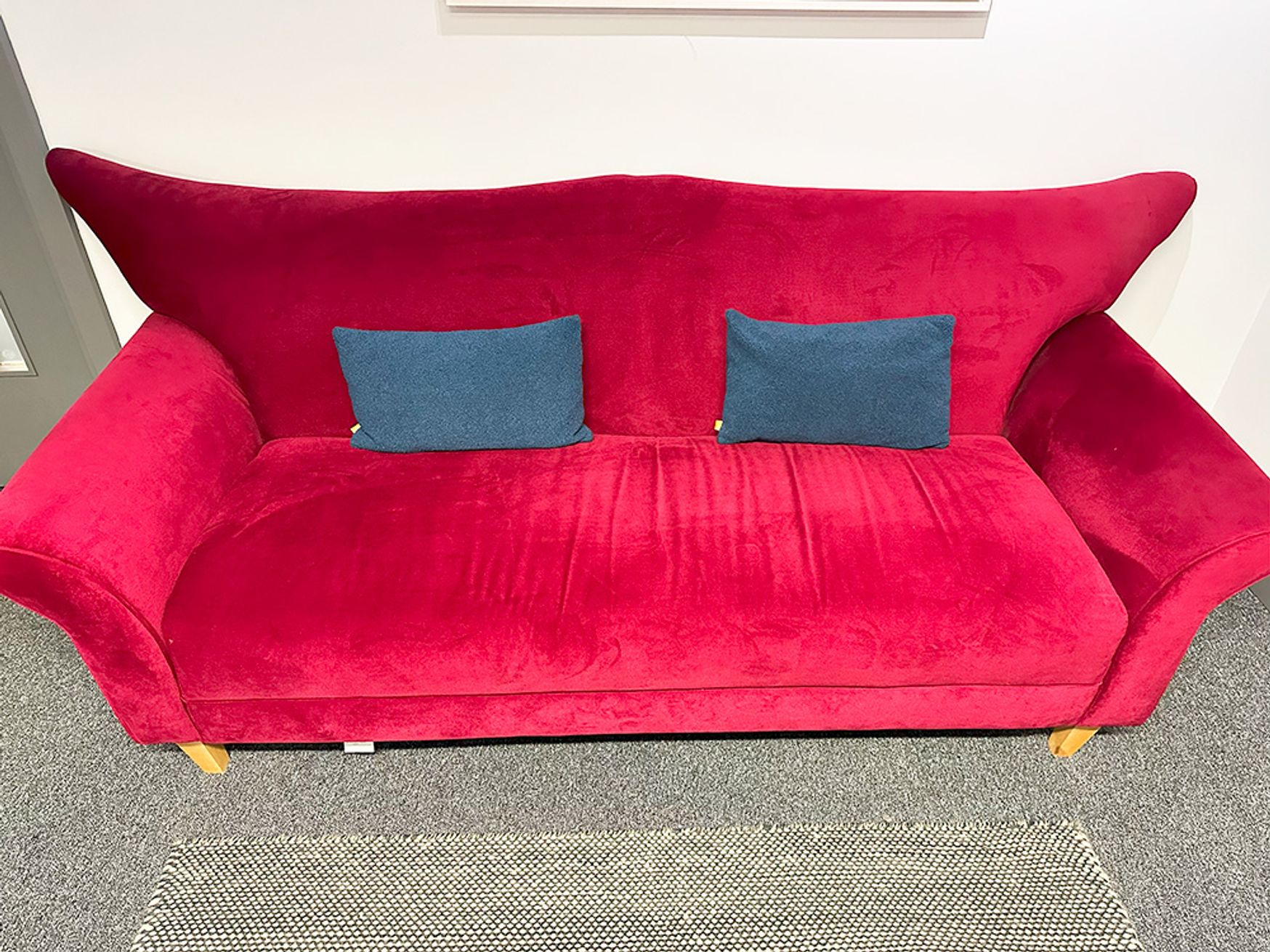 Used Red Fabric Sofa with Wooden Legs