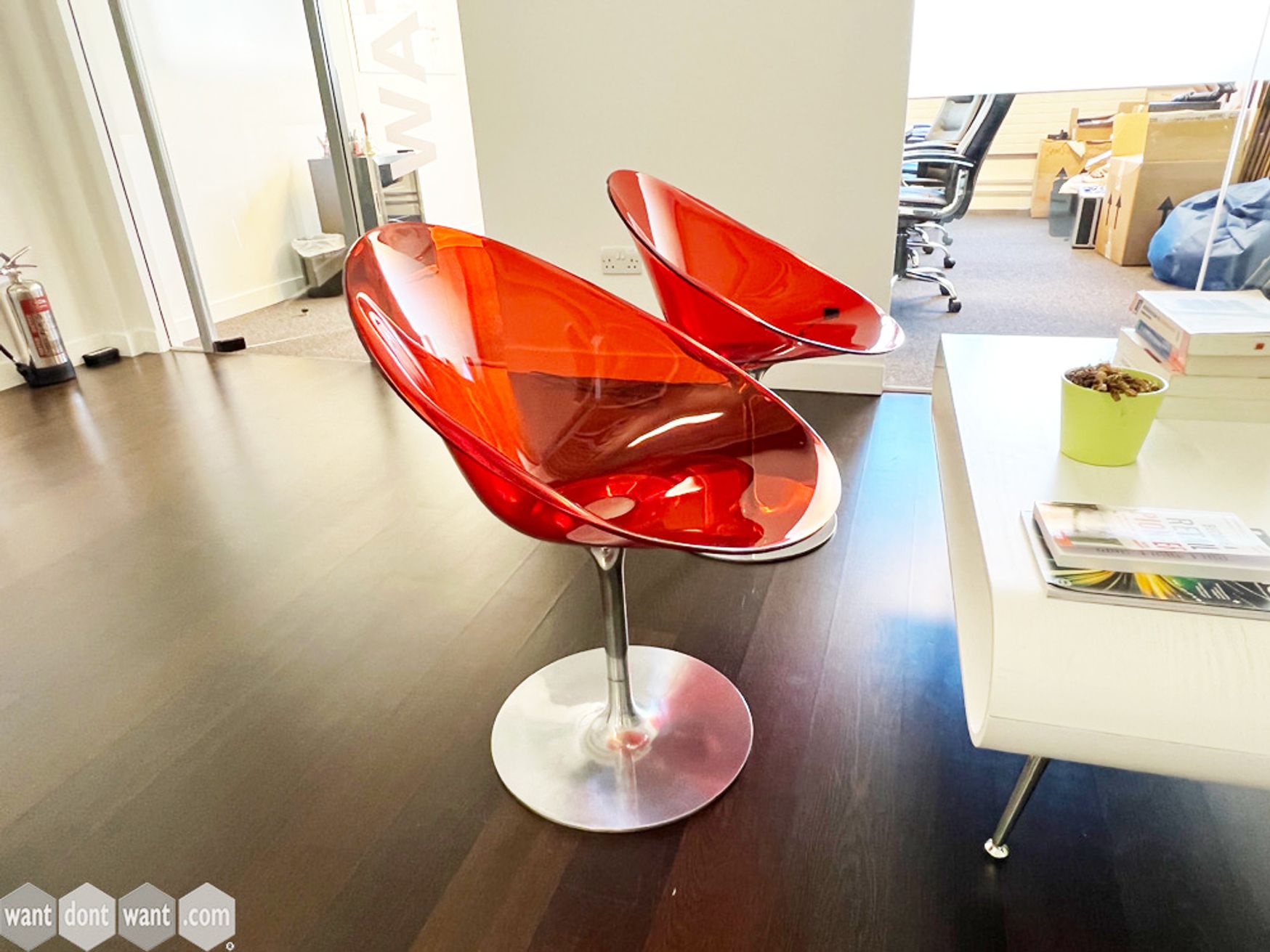 Want Dont Want.Com Second Hand Office Furniture Used Office Furniture Chairs Breakout Lounge Cafe Used red plastic transparent swivel chairs on silver base