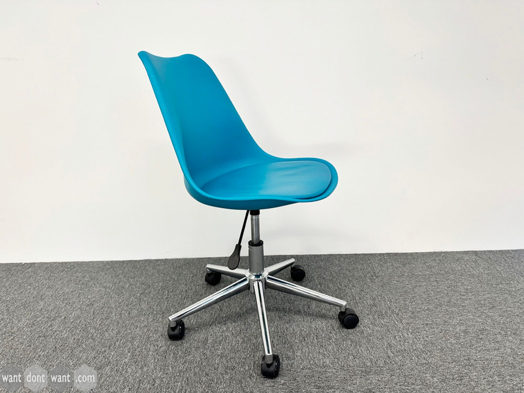 Used height-adjustable blue swivel chairs with padded seat and chrome base