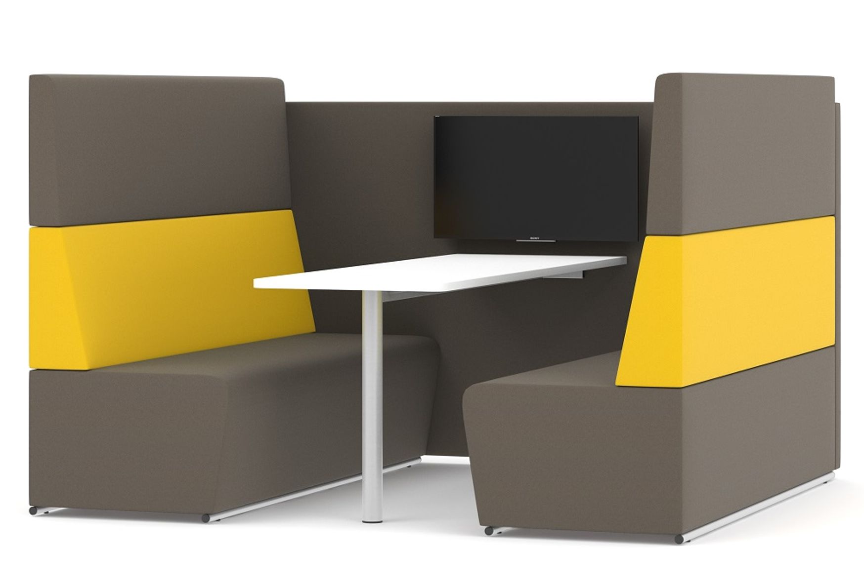 6-seat high-back Media Unit with white laminate table and fully upholstered back panel.
