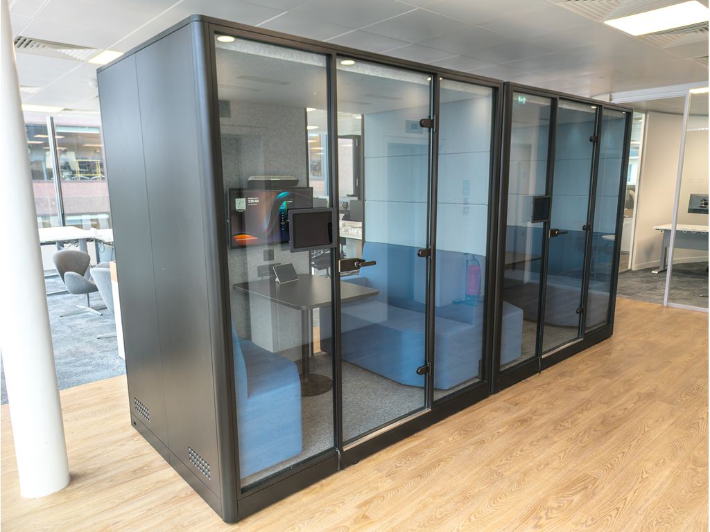 Used Max Calma 4-person acoustic meeting pods - Class A rated