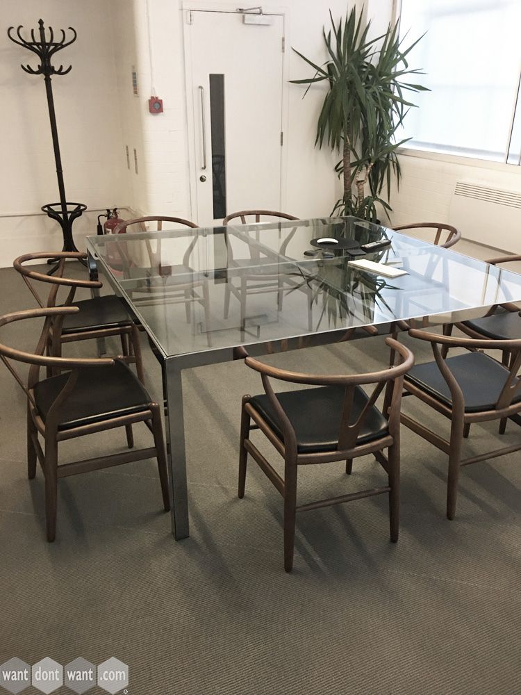 Magnificent used 1730mm 'Monica Armani' glass top table with steel cross frame