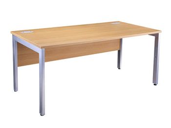 Rectangular oak desks with cable ports and silver legs.