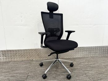 Used Techo Sidiz T50 Mesh Back Chair with a polished base and lumbar support and head rest