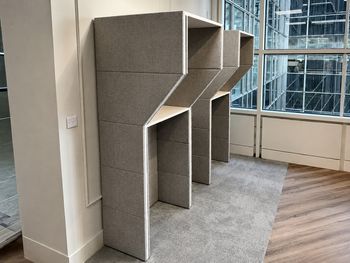 Used acoustic upholstered telephone booth with shelf
