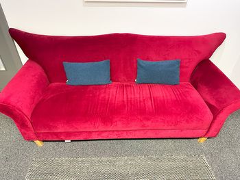Used Red Fabric Sofa with Wooden Legs