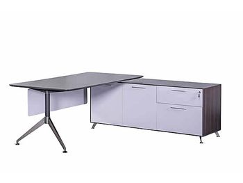 Brand New Chamfered Executive Desk including Return Storage Unit with Anthracite Top, Stylish Silver Legs and Modern White Modesty Panel and Cupboard Fronts