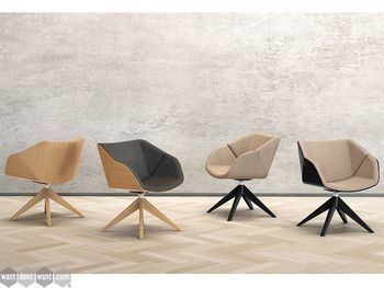 Brand new lounge chairs with wooden base, choice of fabric and optional veneered shell