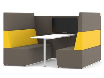 6-seat high-back Media Unit with white laminate table and fully upholstered back panel.
