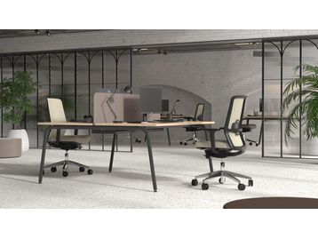 Brand new back-to-back desks with rounded corners and tubular legs. Many finishes and configuration options