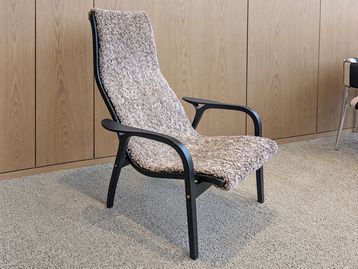 Used Swedese Lamino Easy Chair in brown/taupe sheepskin on black lacquered beech frame
