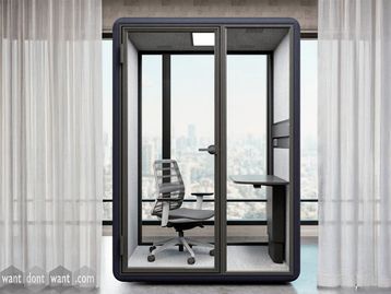 A self-contained individual work space booth with a high dB rating