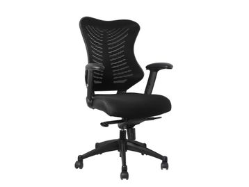 Executive high-back mesh chair with faux leather height adjustable arms. It has a fabric seat trimmed in faux leather 